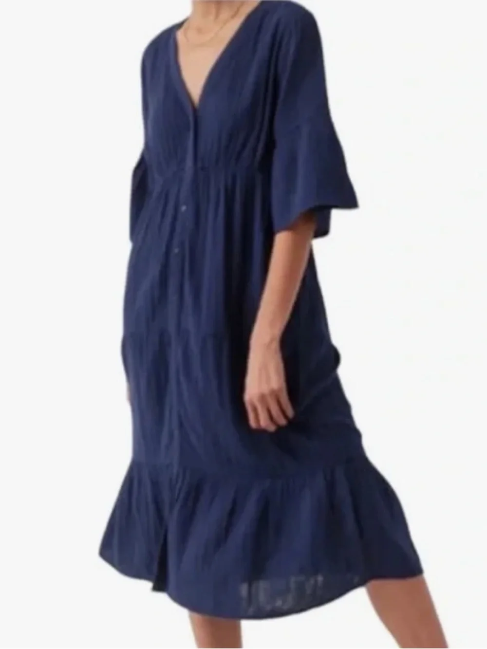 Pact Navy Coastal Gauze Cotton Tiered Midi Dress - Picture 1 of 2